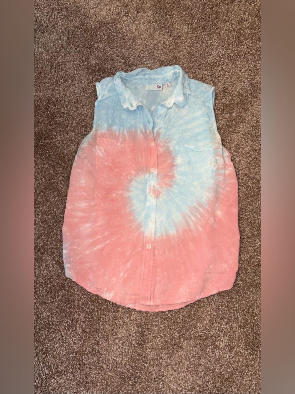 SO Sleeveless Pink & Light Blue Tie-Dye Button Front Tank